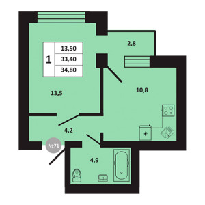 1 комнатная 34.8м²