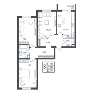 3 комнатная 90.7м²