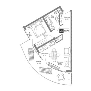 2 комнатная 53.94м²