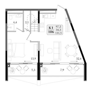 1 комнатная 131.5м²