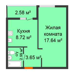 1 комнатная 34.29м²