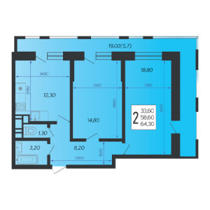 2 комнатная 64.3м²