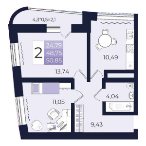 2 комнатная 50.85м²