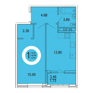 1 комнатная 42.61м²