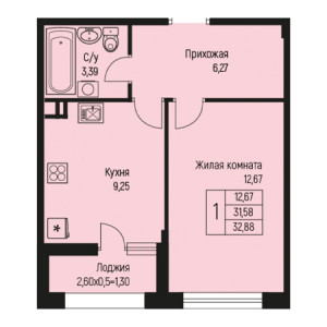 1 комнатная 32.88м²