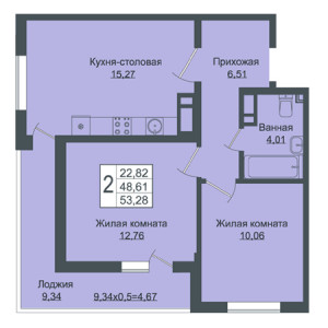 2 комнатная 53.28м²