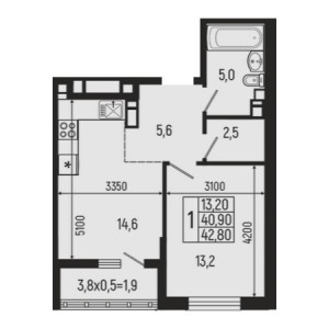 1 комнатная 42.8м²