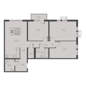 3 комнатная 91.40м²