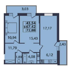 2 комнатная 72.88м²