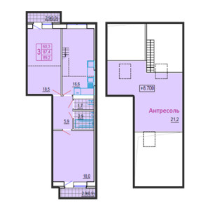 3 комнатная 89.2м²