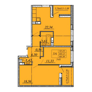 3 комнатная 68.38м²