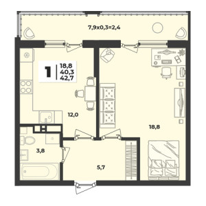 1 комнатная 42.7м²