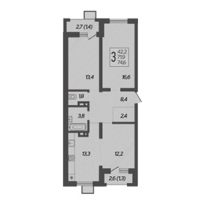 3 комнатная 74.6м²