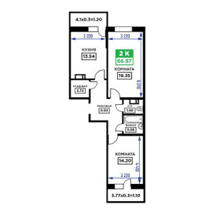 2 комнатная 66.97м²