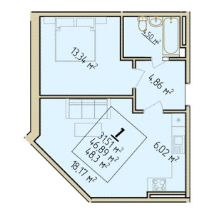 1 комнатная 48.3м²