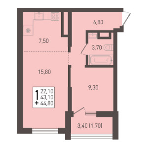 1 комнатная 44.8м²