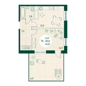 1 комнатная 44.8м²