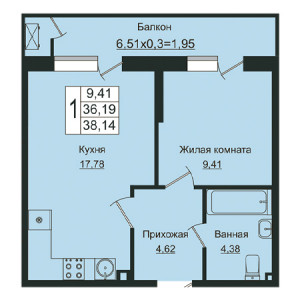 1 комнатная 38.14м²