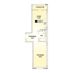 1 комнатная 43.32м²