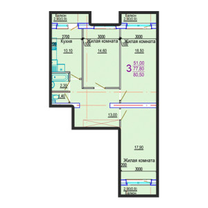 3 комнатная 80.5м²