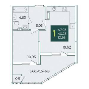 1 комнатная 47.93м²