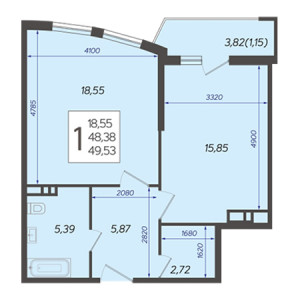 1 комнатная 49.53м²