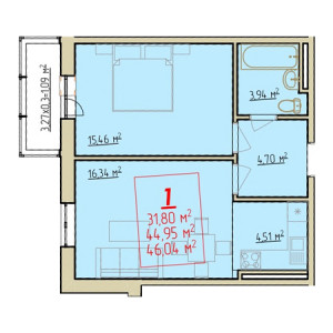 1 комнатная 46.04м²