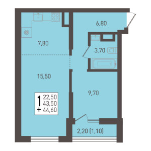 1 комнатная 44.6м²