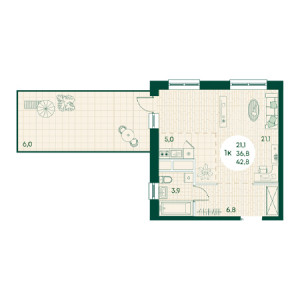 1 комнатная 42.8м²