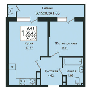 1 комнатная 37.28м²