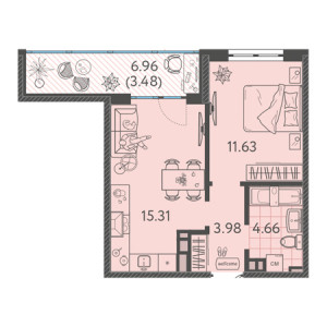 1 комнатная 39.06м²