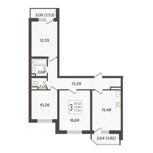 2 комнатная 77.34м²