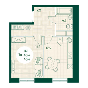 1 комнатная 40.4м²