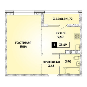 1 комнатная 38.49м²