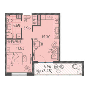 1 комнатная 39.06м²