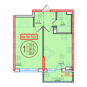 1 комнатная 38.6м²