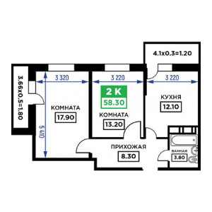 2 комнатная 58.3м²