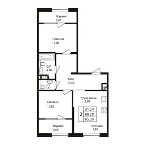 2 комнатная 65.39м²