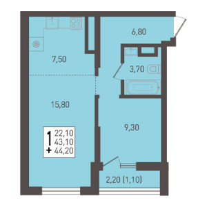 1 комнатная 44.2м²