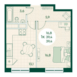 1 комнатная 39.4м²