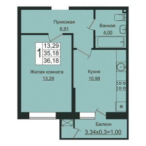 1 комнатная 36.18м²