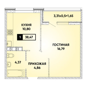 1 комнатная 38.47м²