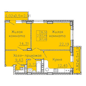 2 комнатная 67.4м²