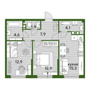 2 комнатная 59.6м²