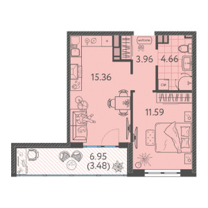 1 комнатная 39.05м²