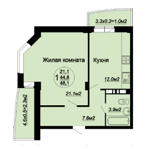 1 комнатная 48.1м²