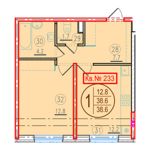 1 комнатная 38.6м²