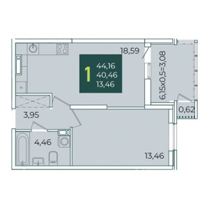 1 комнатная 44.16м²