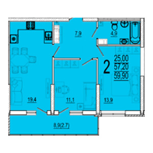 2 комнатная 59.9м²