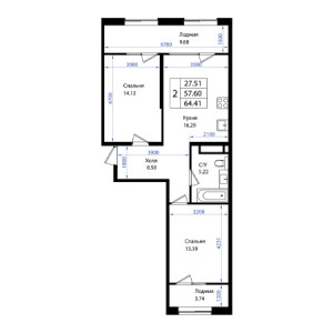 2 комнатная 64.41м²